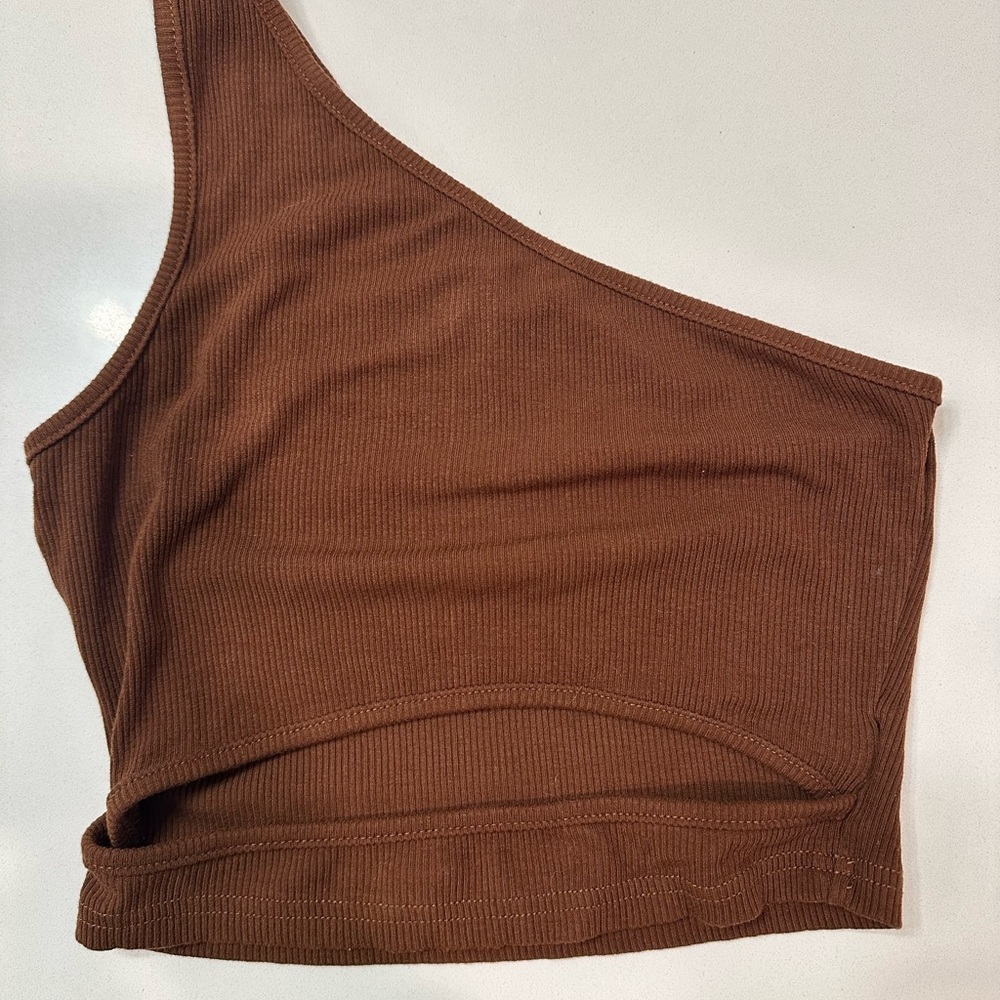 Brown One-Shoulder Ribbed Top